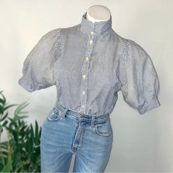 v i n t a g e :: Pinstripe Puff Ballon Sleeve Blouse